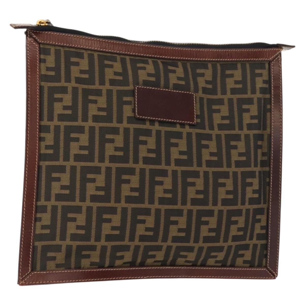 FENDI Zucca Canvas Clutch Bag Black Brown gold Auth 148959