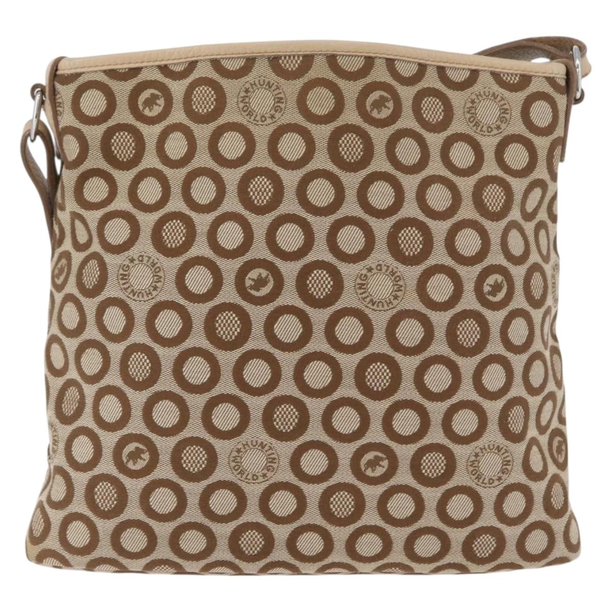 HUNTING WORLD Shoulder Bag Canvas Beige Silver Auth 148985