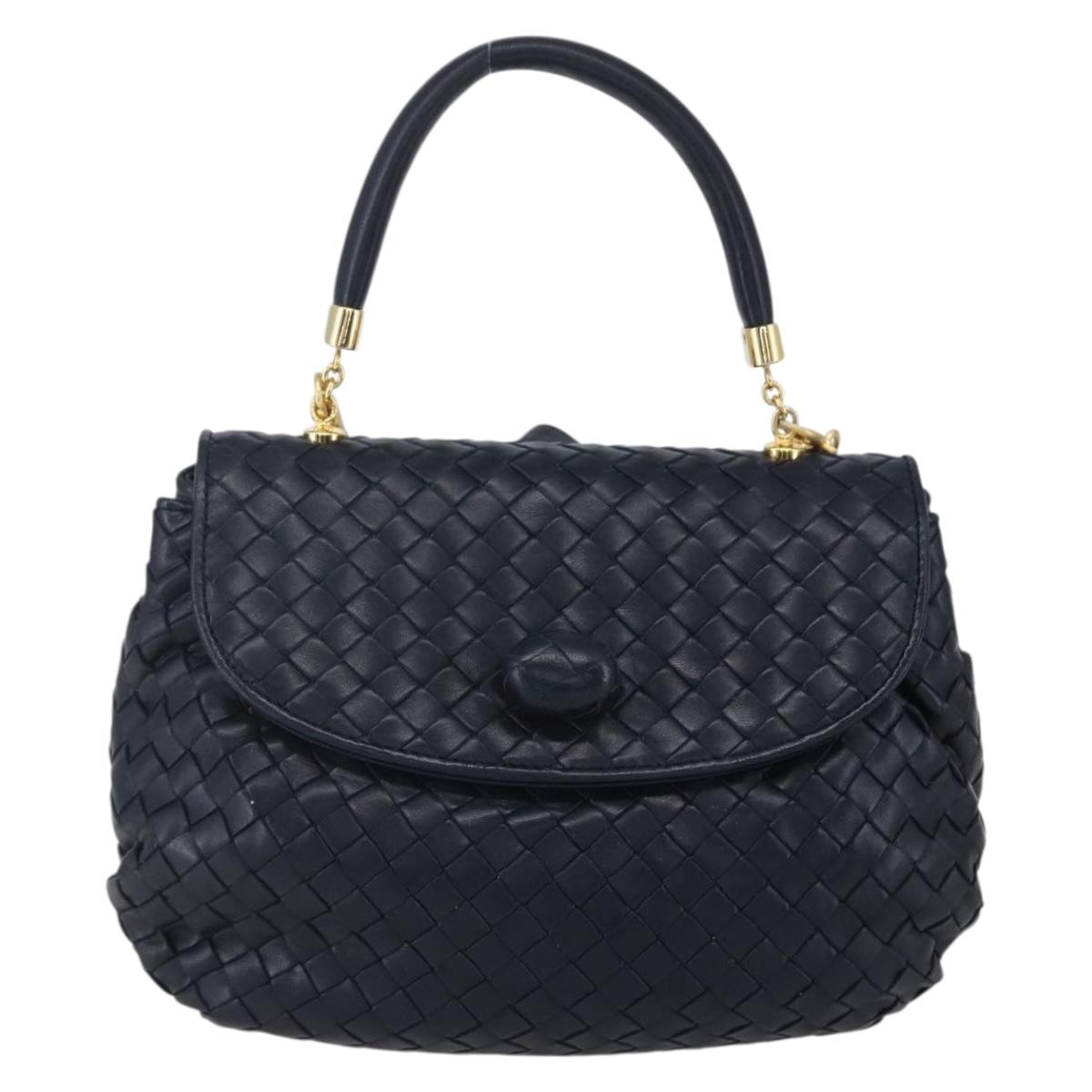 BOTTEGA VENETA INTRECCIATO Hand Bag Leather 2way Navy Gold Auth 149061
