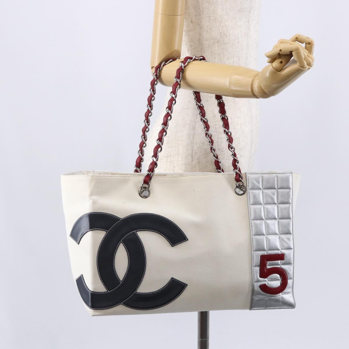 CHANEL Choco Bar Chain Shoulder Bag No5 Canvas Ivory Silver CC Auth 149068