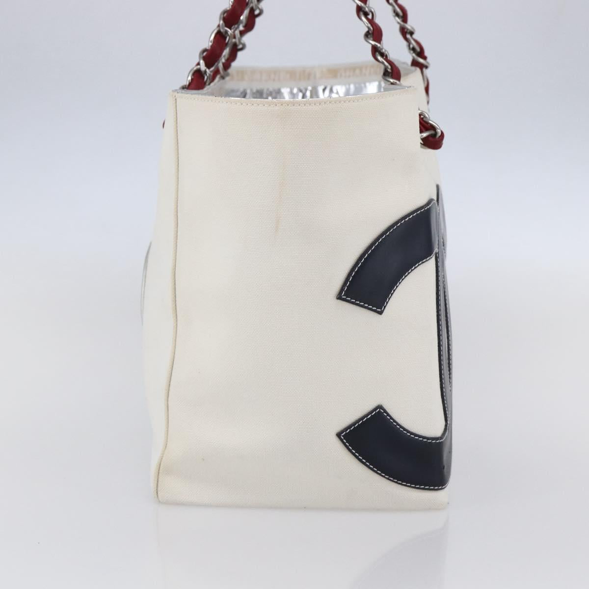 CHANEL Choco Bar Chain Shoulder Bag No5 Canvas Ivory Silver CC Auth 149068