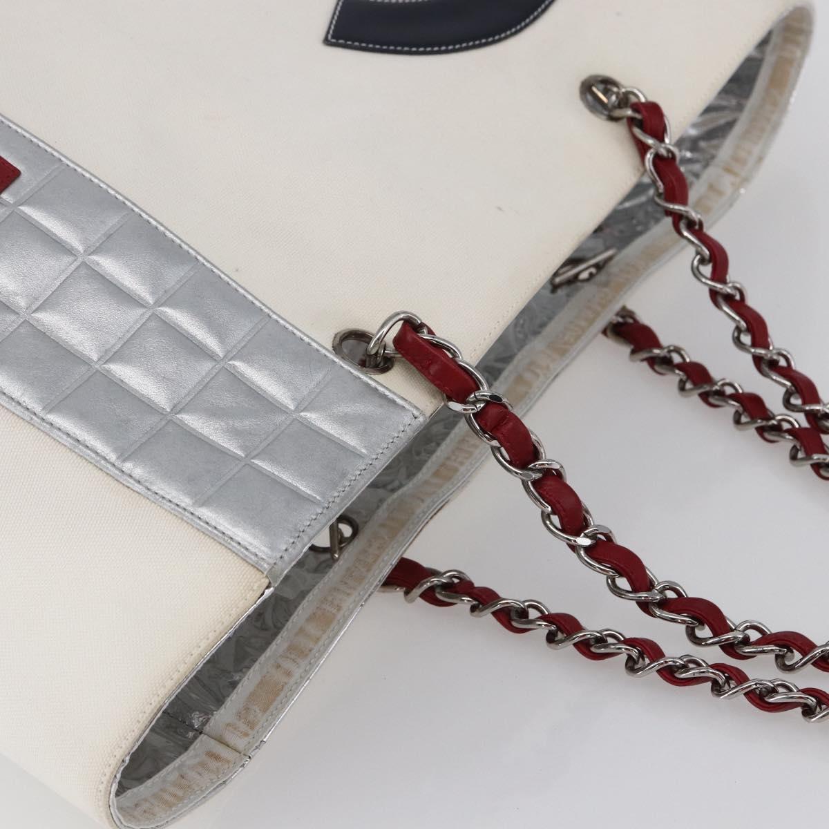 CHANEL Choco Bar Chain Shoulder Bag No5 Canvas Ivory Silver CC Auth 149068