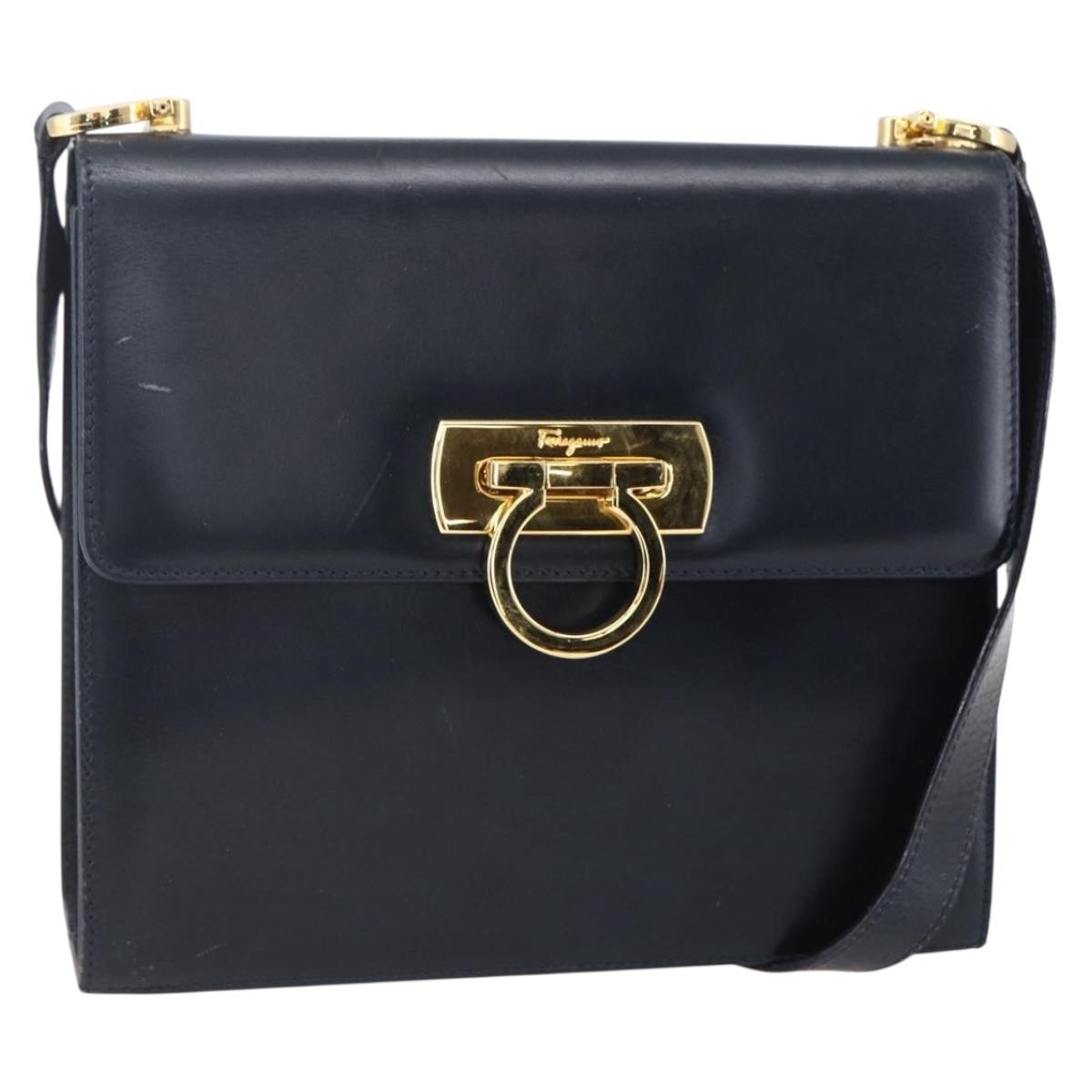 Salvatore Ferragamo Gancini Shoulder Bag Leather Navy Gold Auth 149086