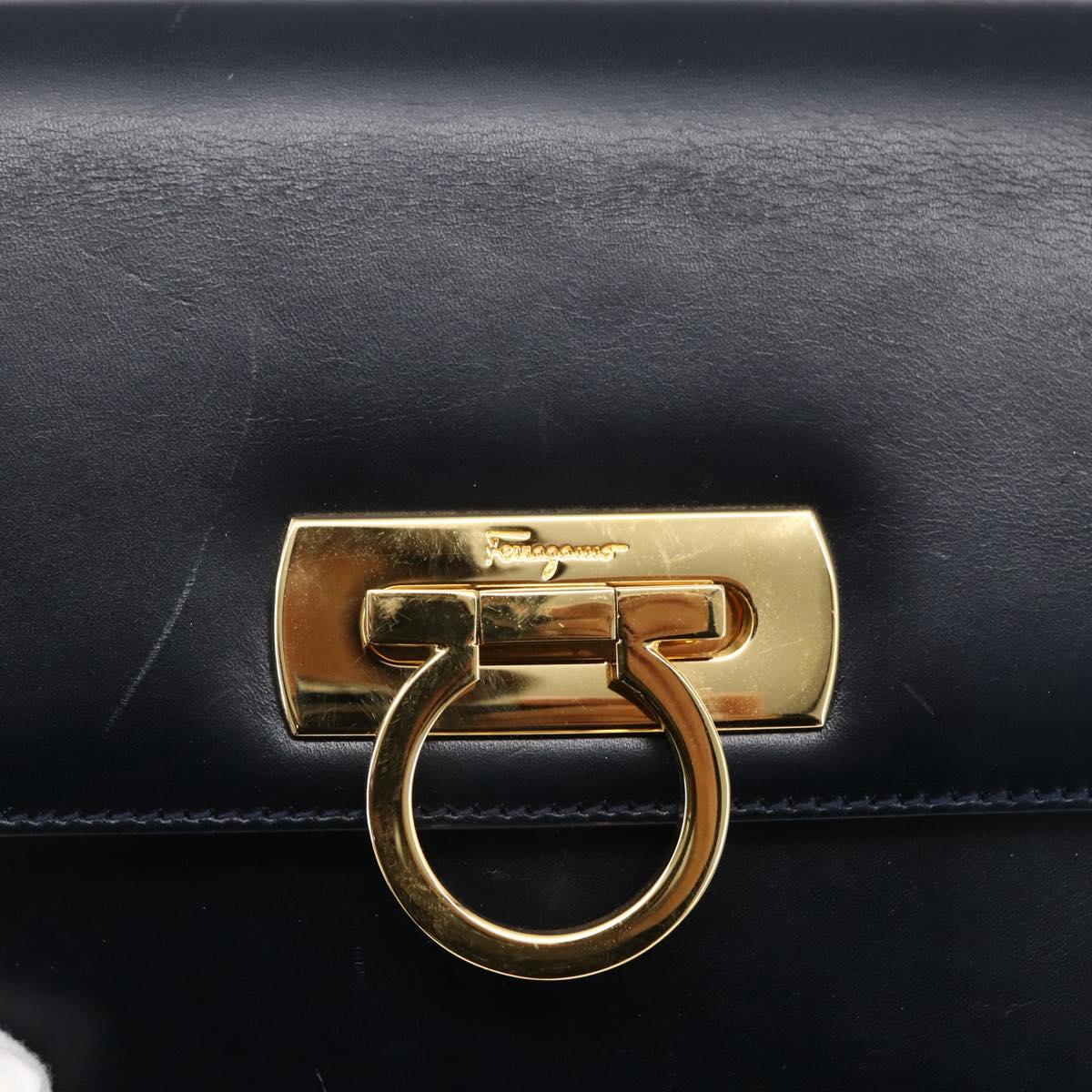 Salvatore Ferragamo Gancini Shoulder Bag Leather Navy Gold Auth 149086