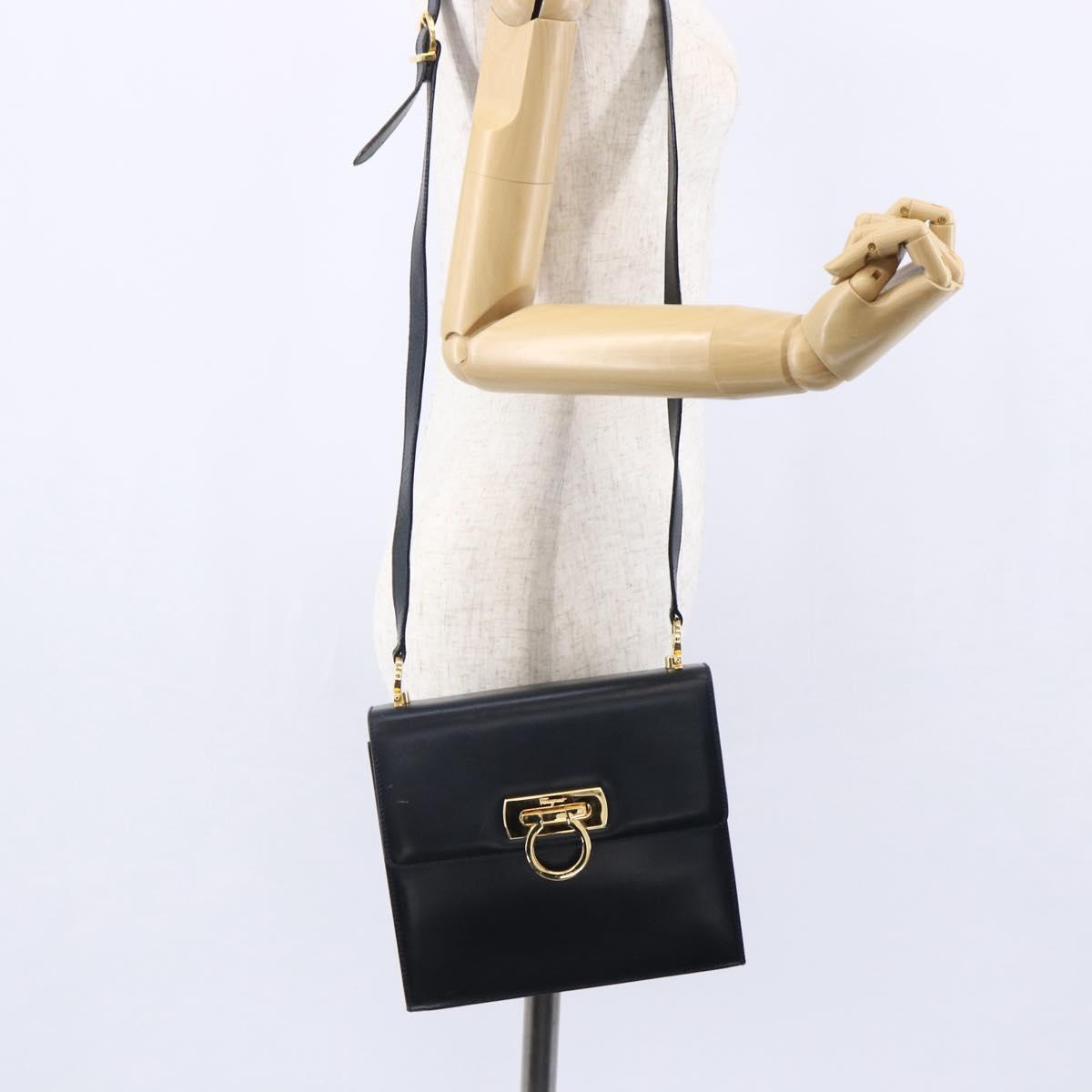 Salvatore Ferragamo Gancini Shoulder Bag Leather Navy Gold Auth 149086