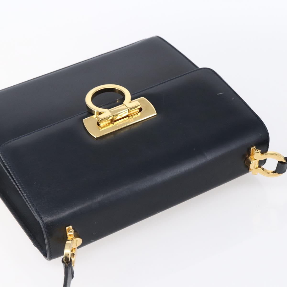 Salvatore Ferragamo Gancini Shoulder Bag Leather Navy Gold Auth 149086