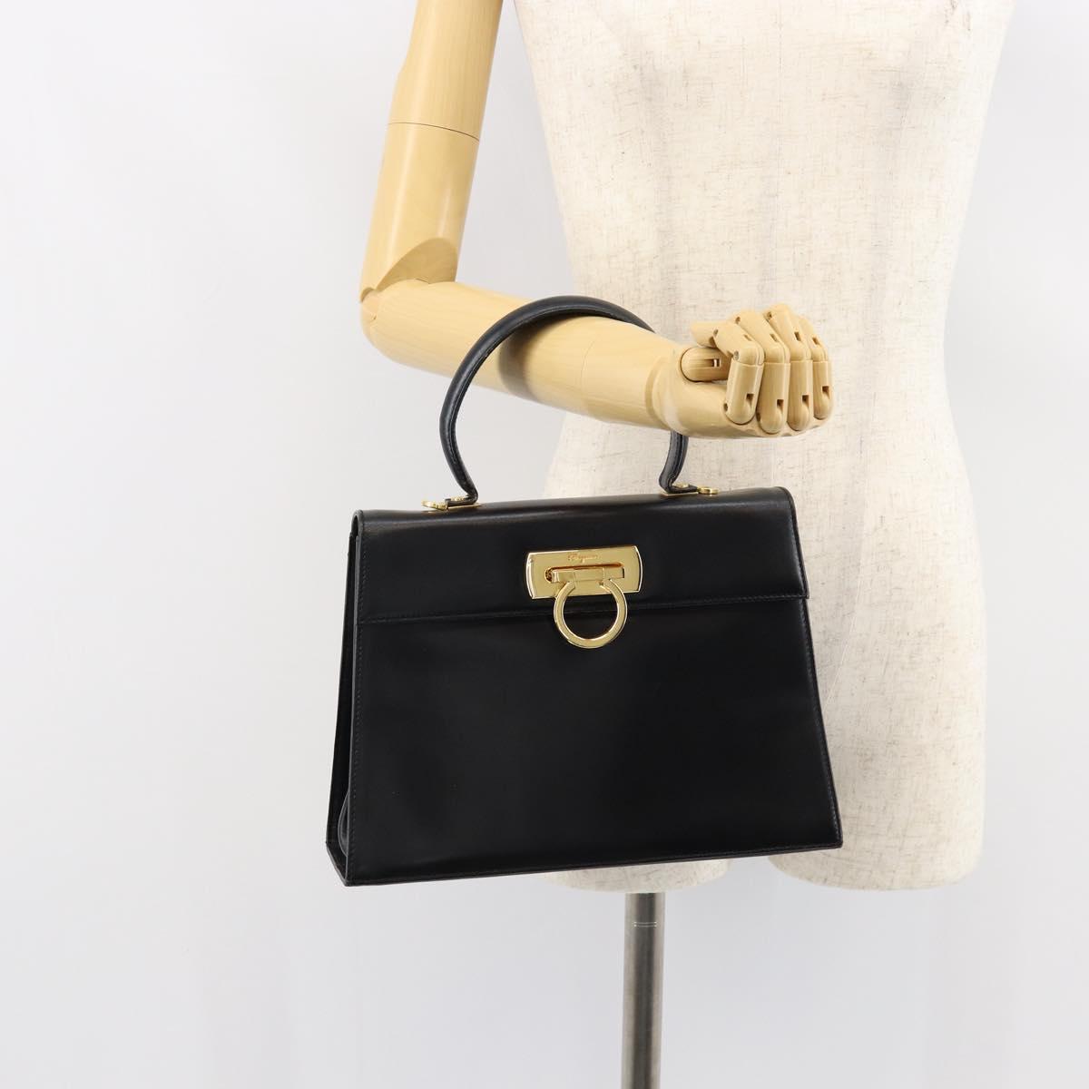 Salvatore Ferragamo Gancini Hand Bag Leather Black Gold Auth 149087
