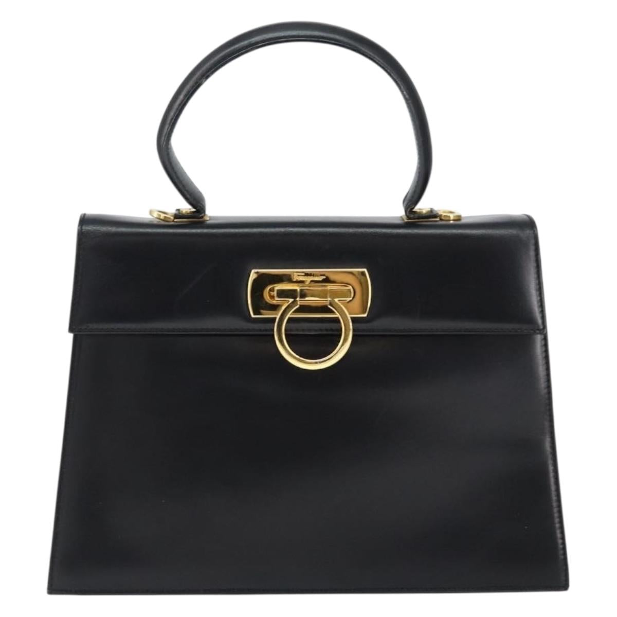 Salvatore Ferragamo Gancini Hand Bag Leather Black Gold Auth 149087
