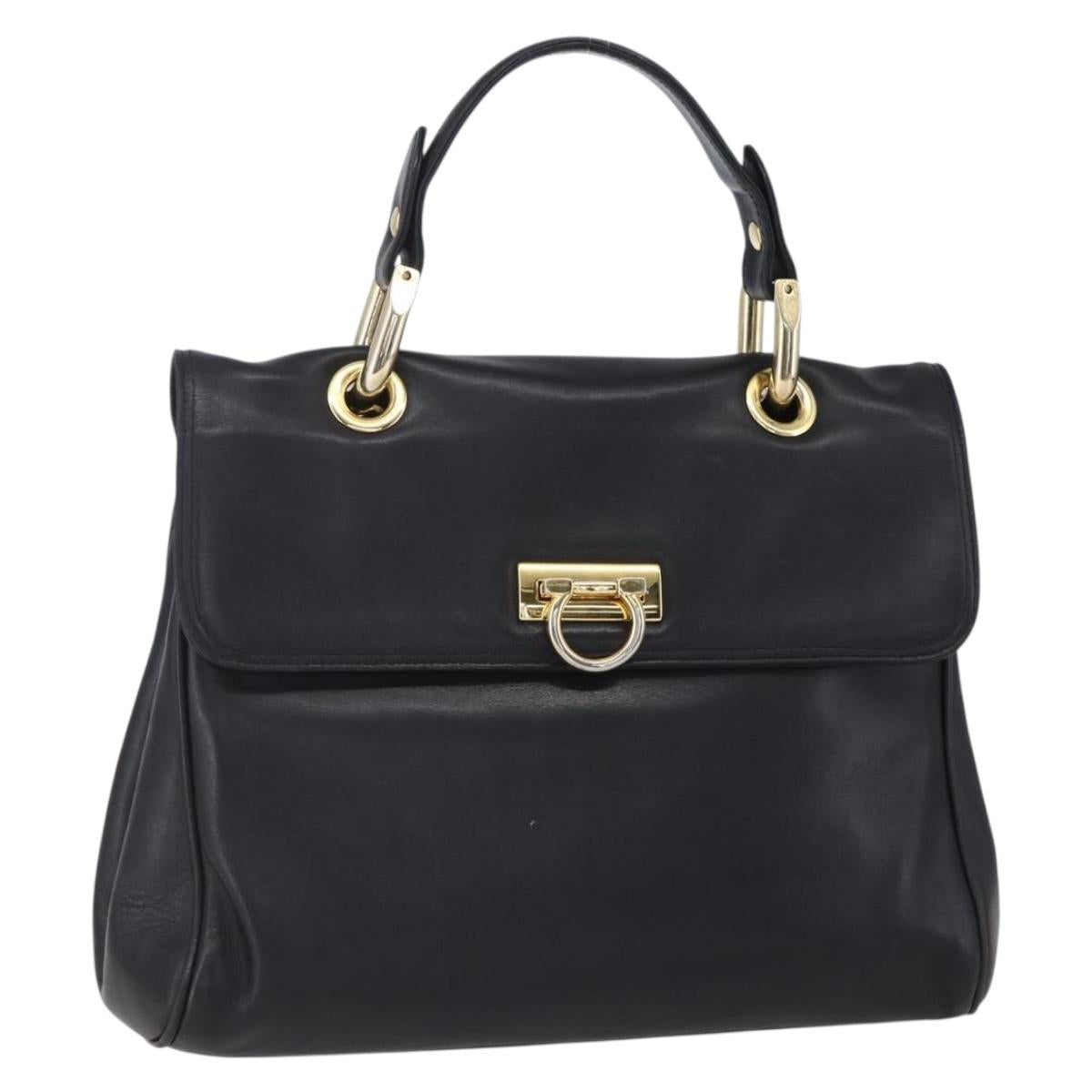 BALLY Hand Bag Leather Black Gold Auth 149088