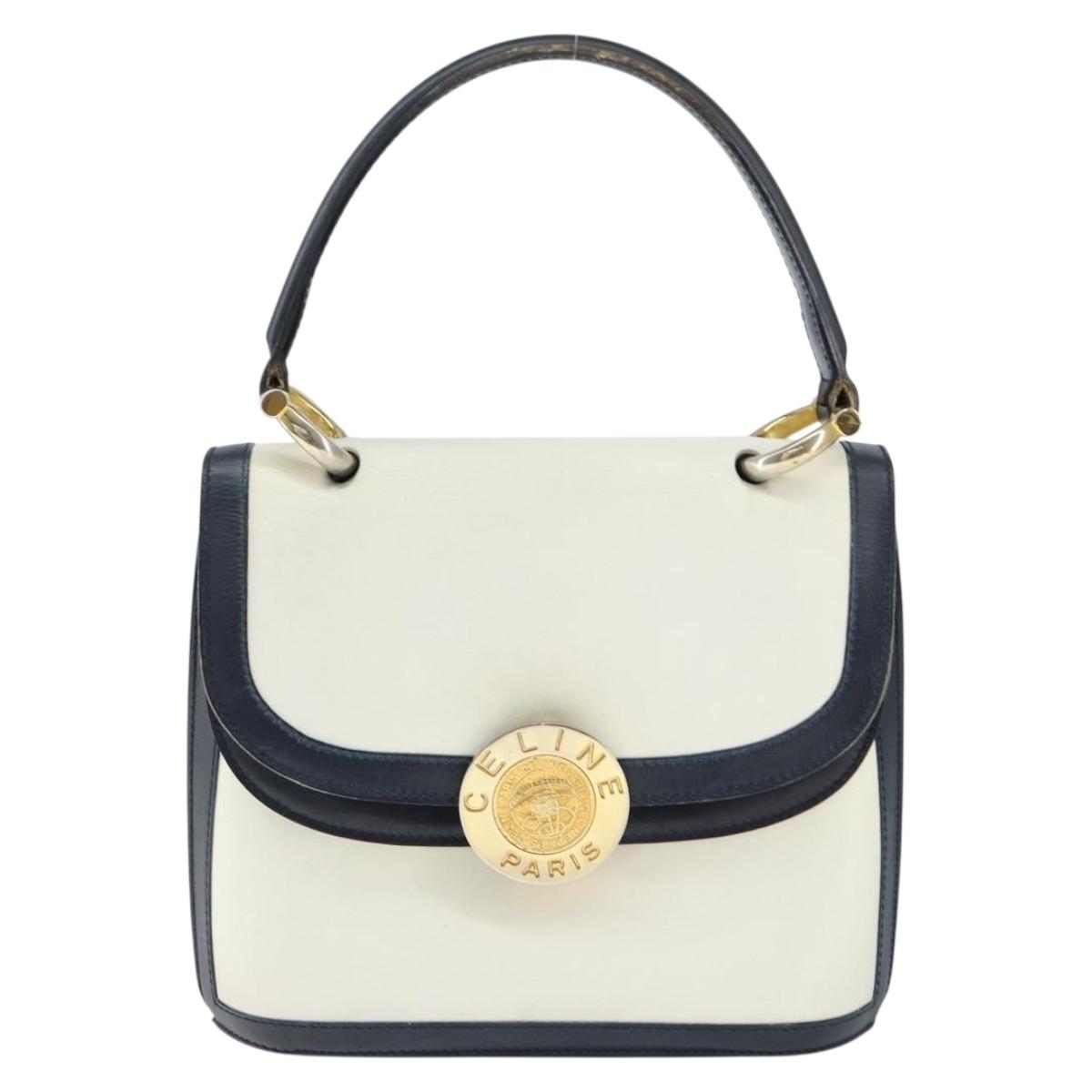 CELINE Hand Bag Leather White Gold Auth 149112
