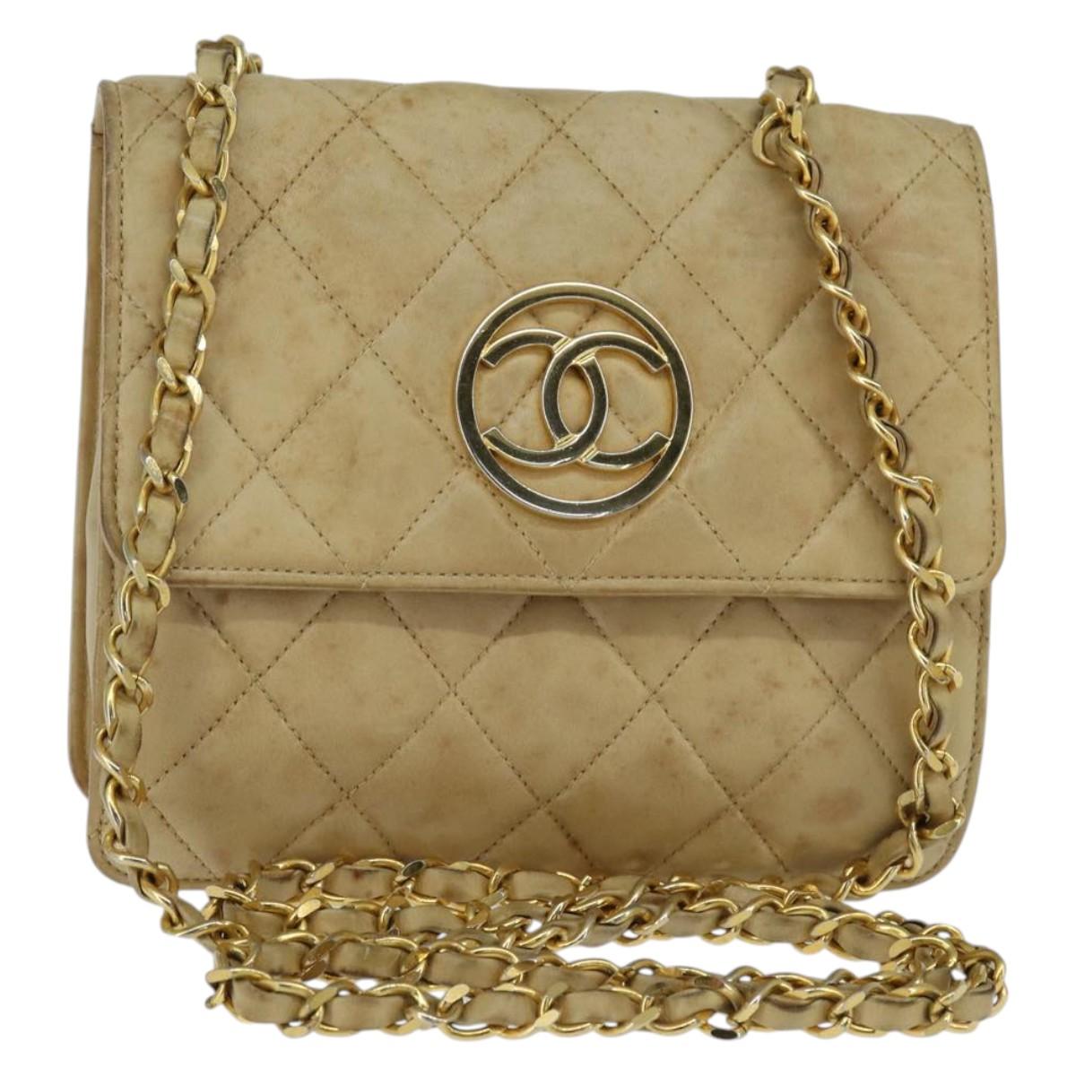 CHANEL Matelasse Chain Shoulder Bag Lamb Skin Beige Gold CC Auth 149120