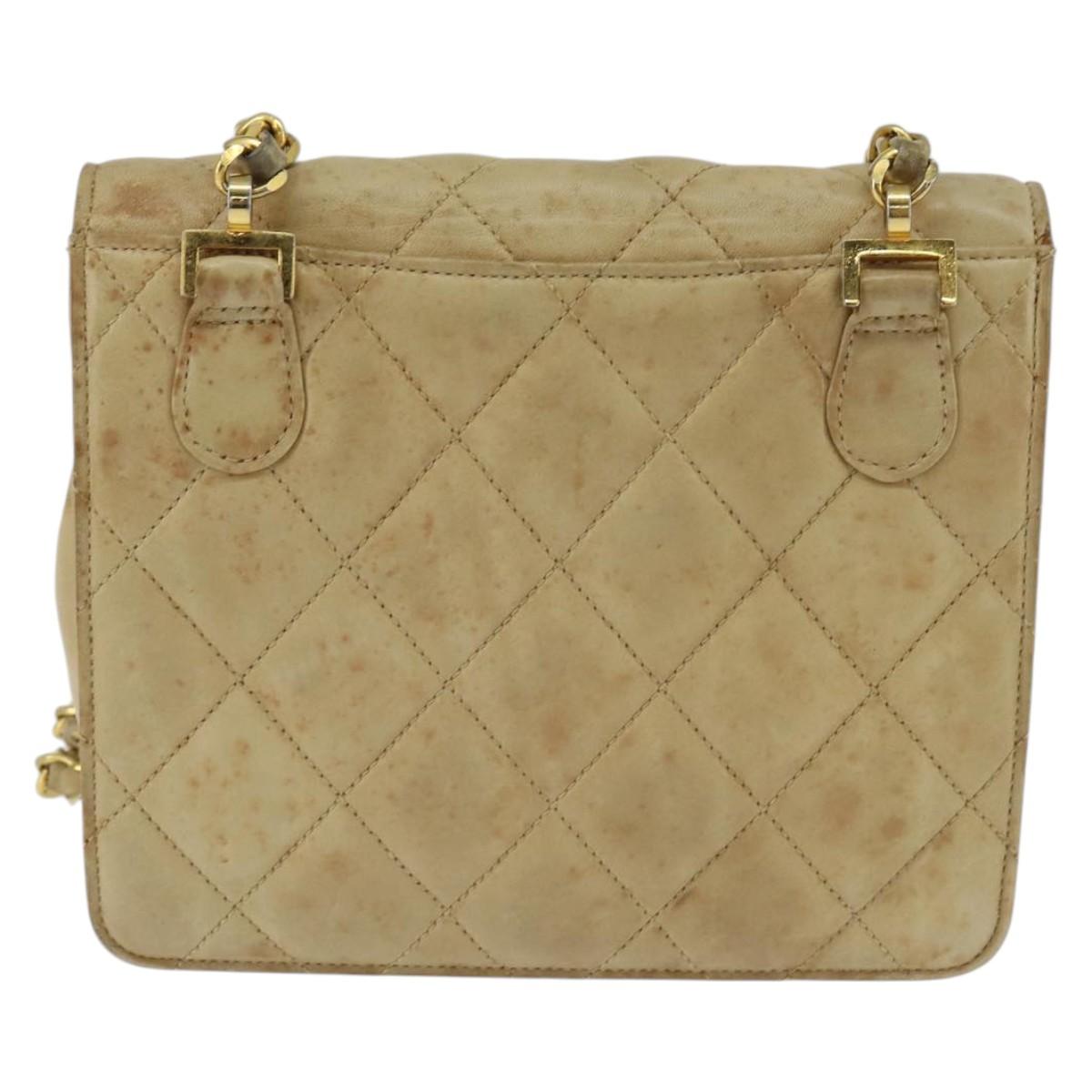 CHANEL Matelasse Chain Shoulder Bag Lamb Skin Beige Gold CC Auth 149120