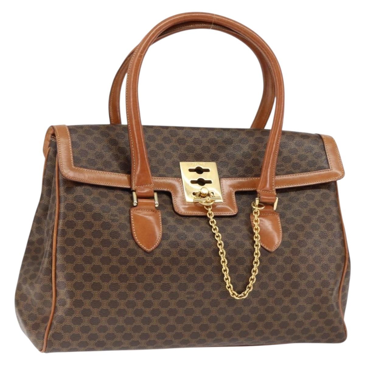 CELINE Macadam Canvas Hand Bag PVC Leather Brown Gold Auth 149128