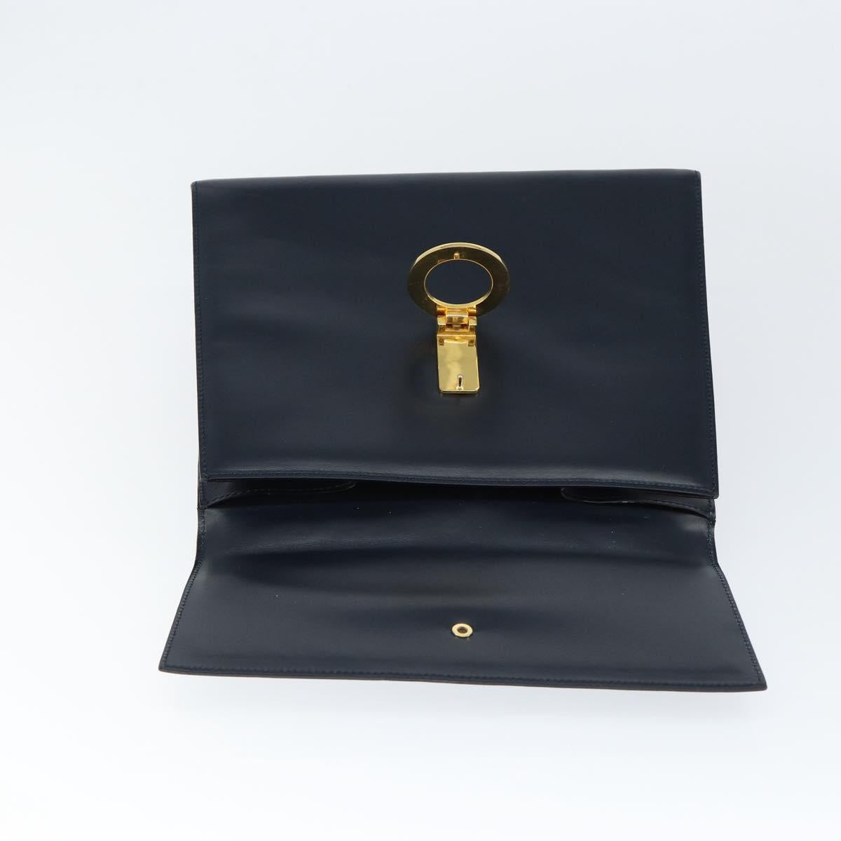 CELINE Circle Hand Bag Leather Navy Gold Auth 149129