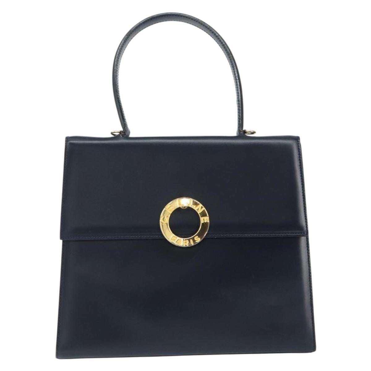 CELINE Circle Hand Bag Leather Navy Gold Auth 149129