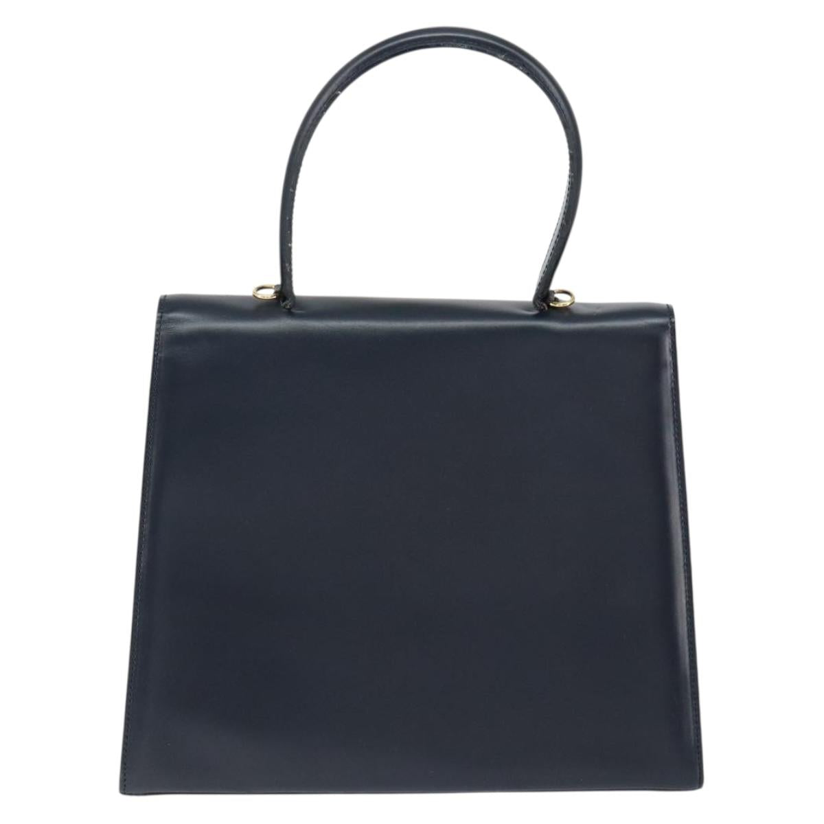 CELINE Circle Hand Bag Leather Navy Gold Auth 149129