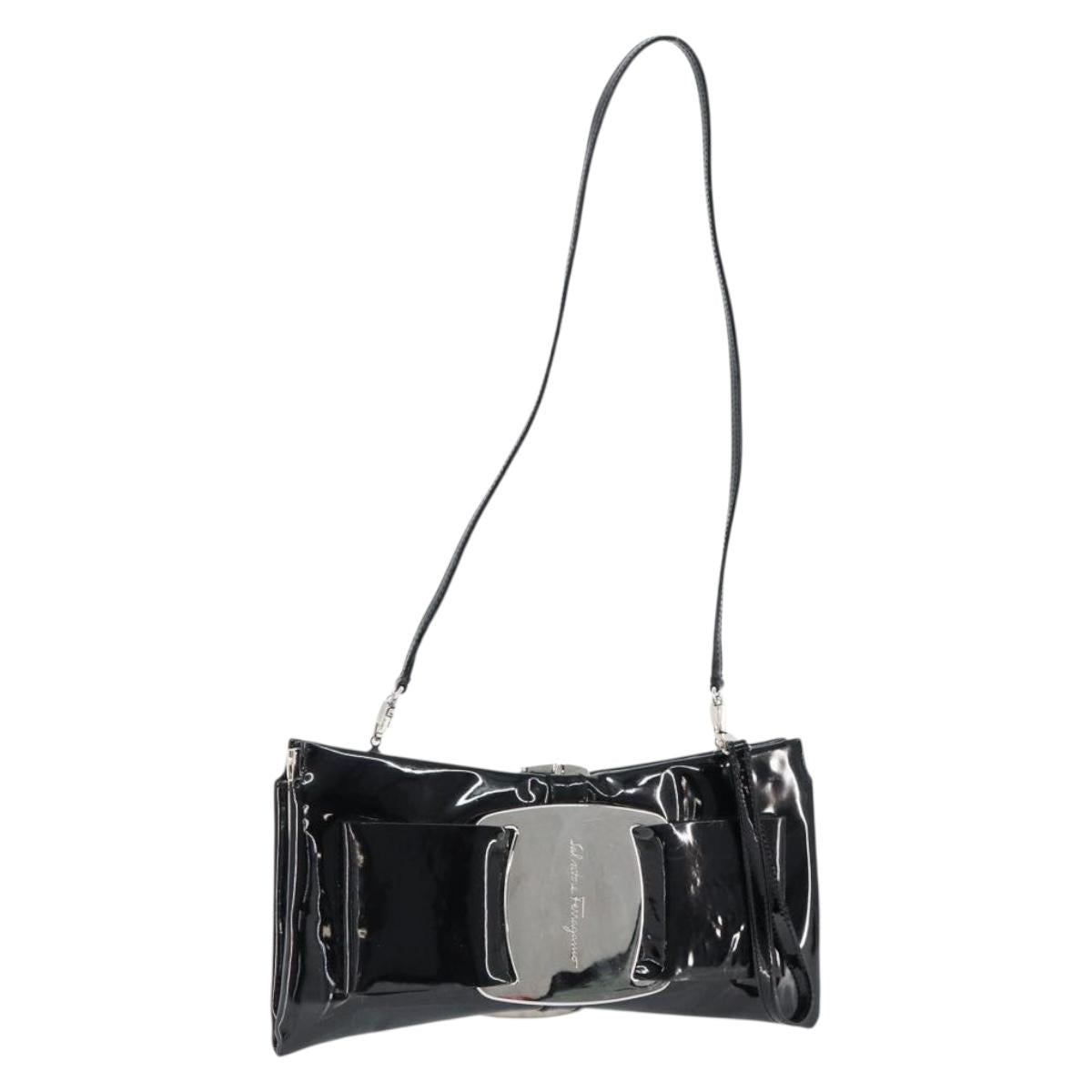 Salvatore Ferragamo Vala Shoulder Bag Enamel Black Silver Auth 149147
