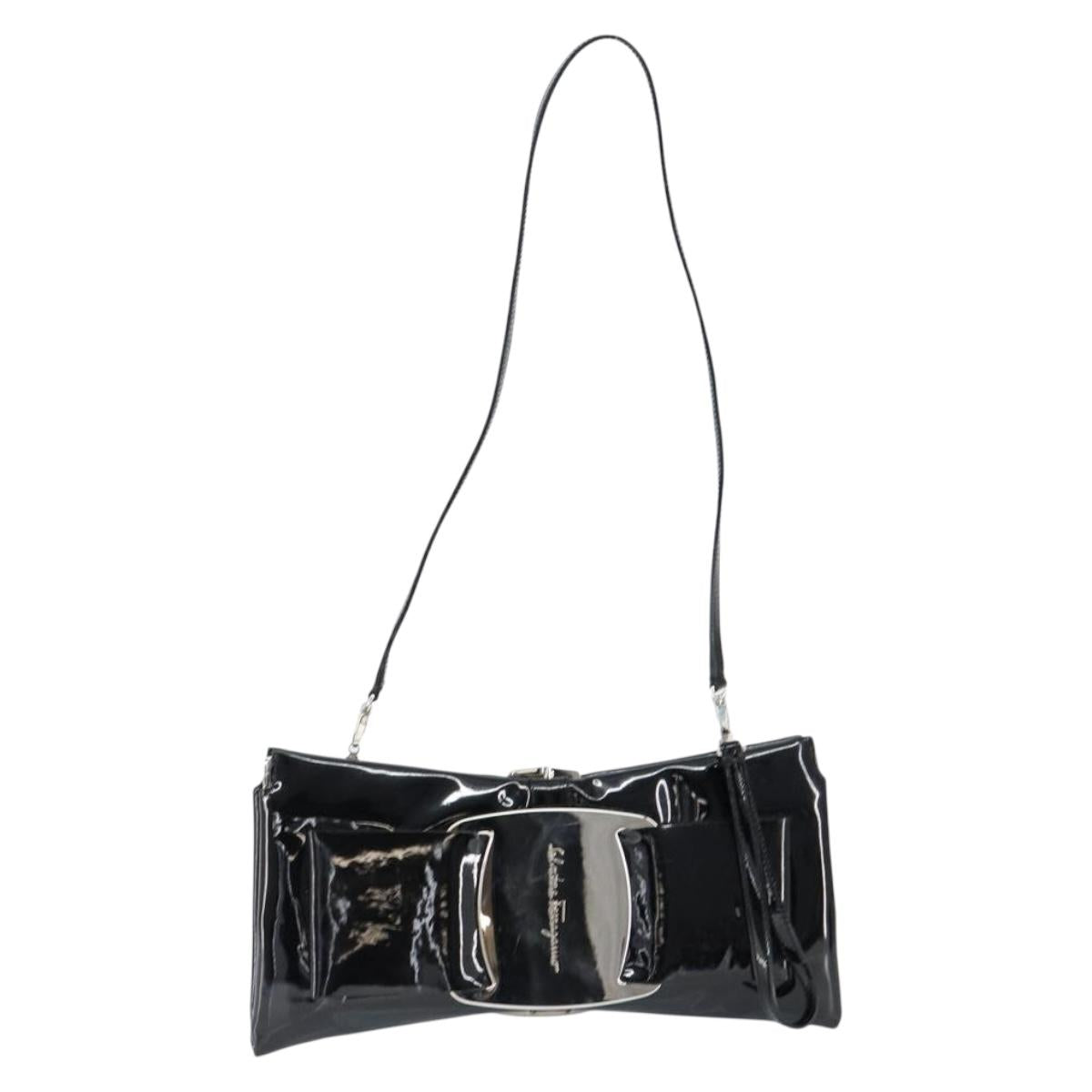 Salvatore Ferragamo Vala Shoulder Bag Enamel Black Silver Auth 149147