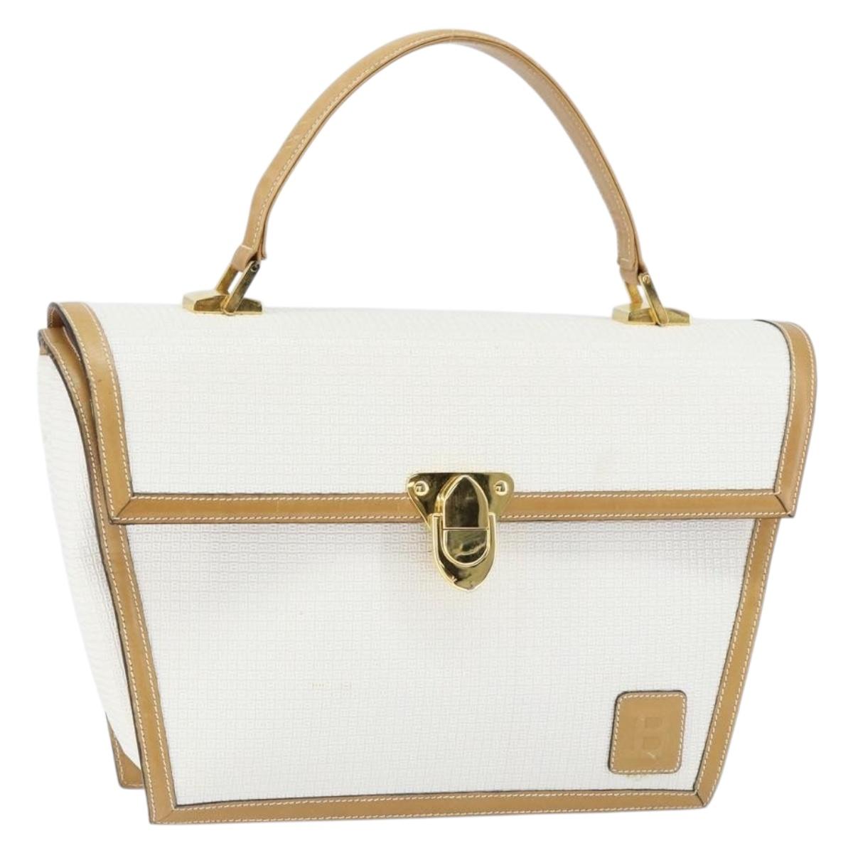BALLY Hand Bag Leather White Gold Auth 149153
