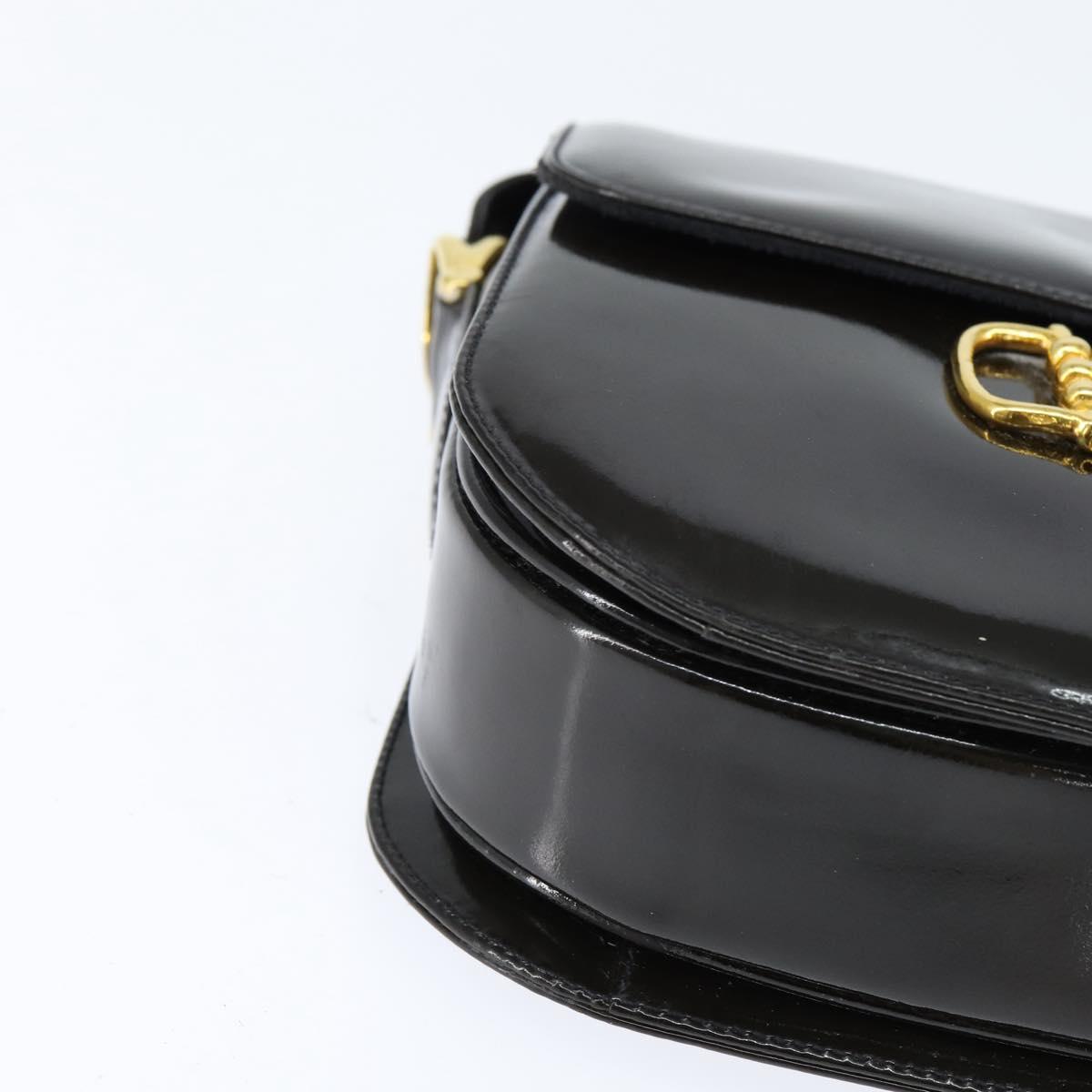 CELINE Horse Carriage Shoulder Bag Enamel Black Gold Auth 149158