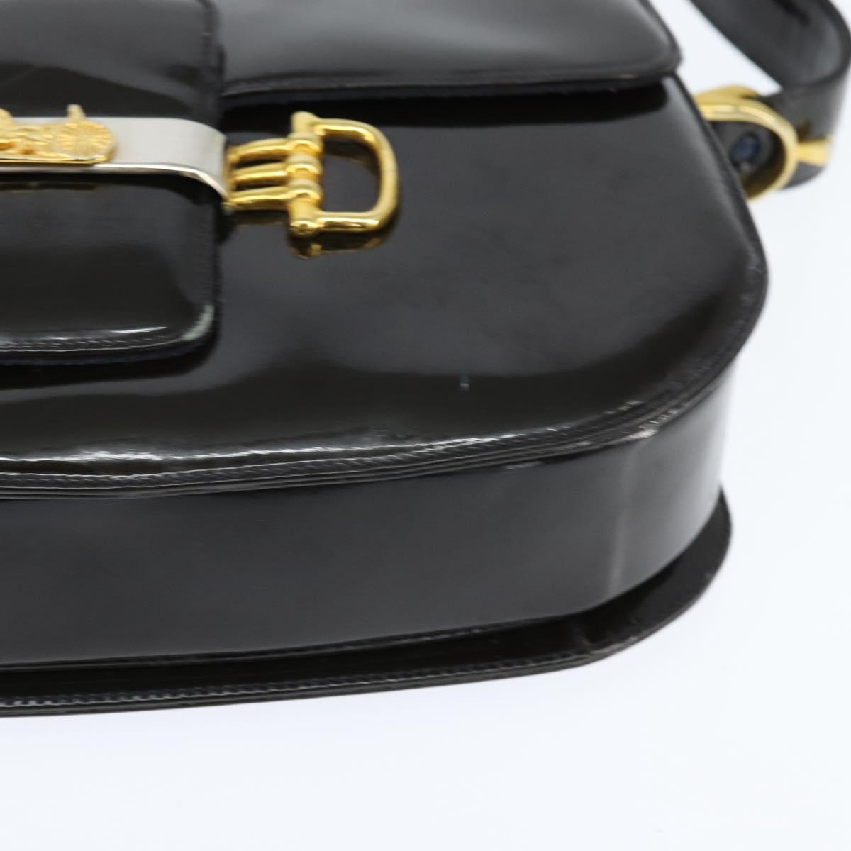 CELINE Horse Carriage Shoulder Bag Enamel Black Gold Auth 149158