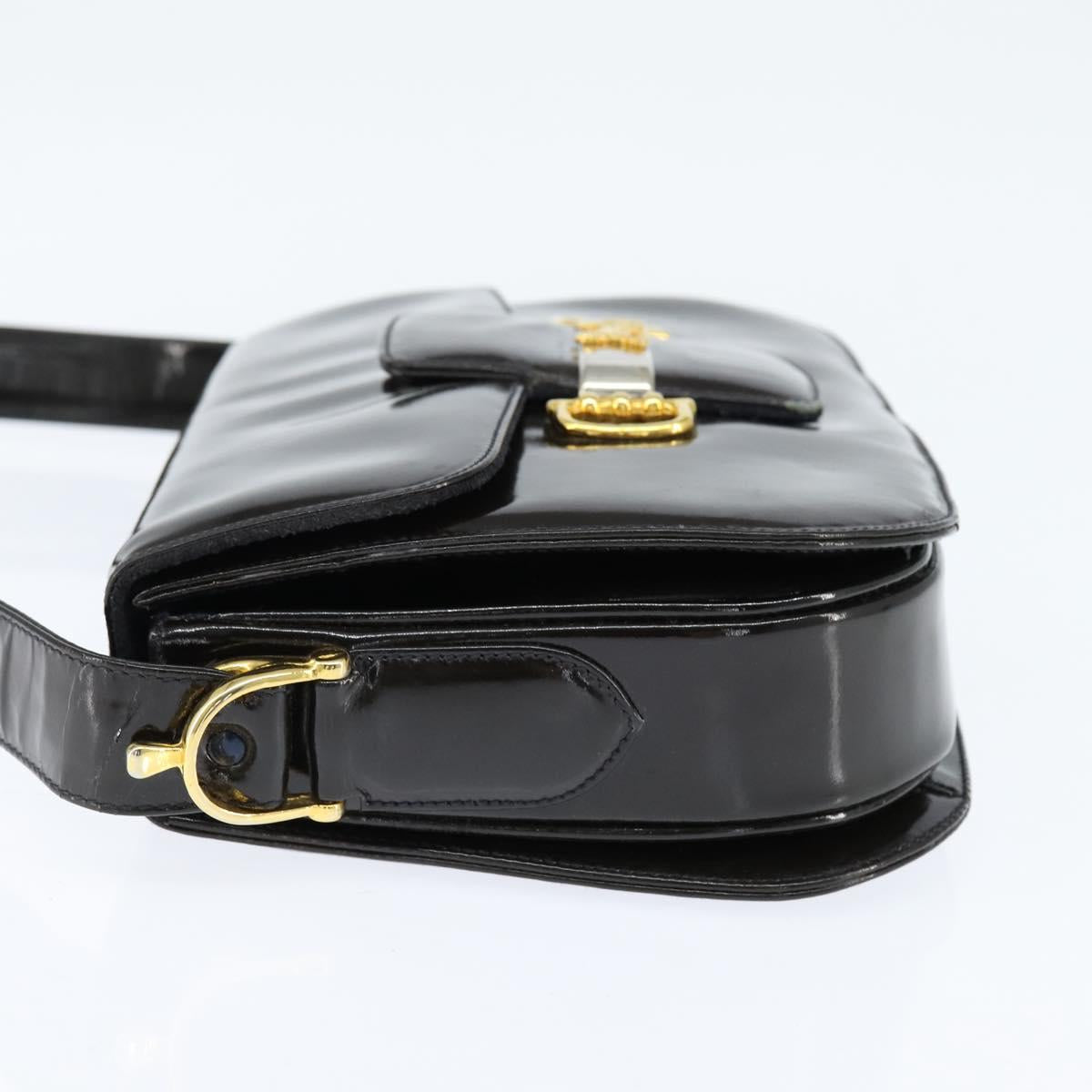 CELINE Horse Carriage Shoulder Bag Enamel Black Gold Auth 149158