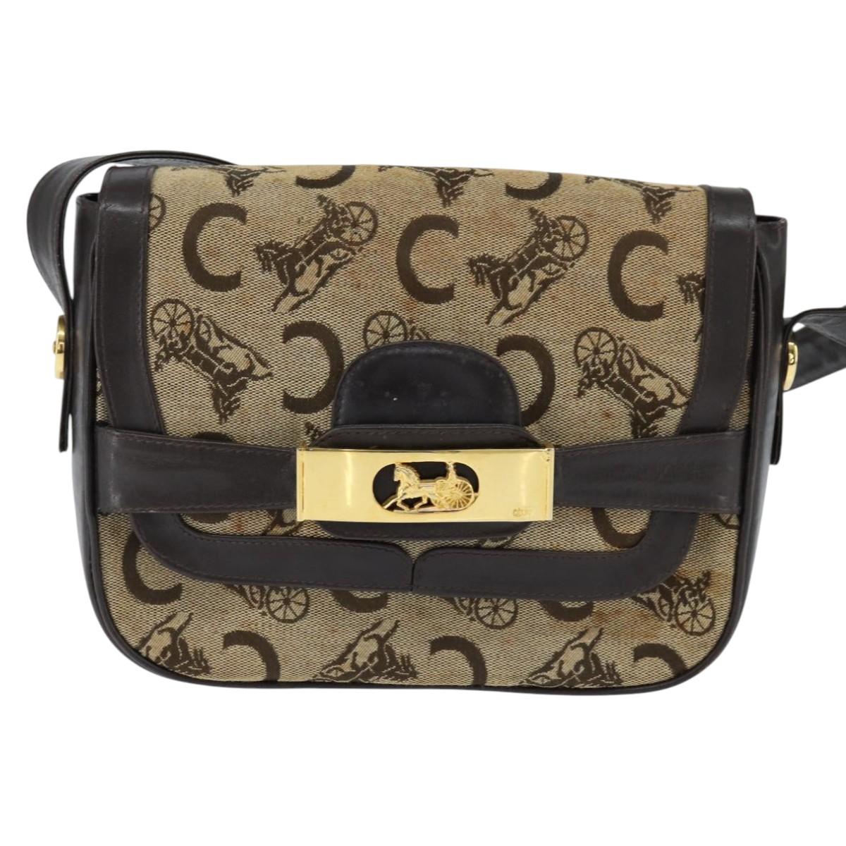 CELINE C Sulky Shoulder Bag Canvas Beige Gold Auth 149188