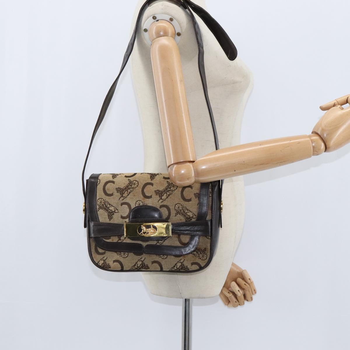 CELINE C Sulky Shoulder Bag Canvas Beige Gold Auth 149188