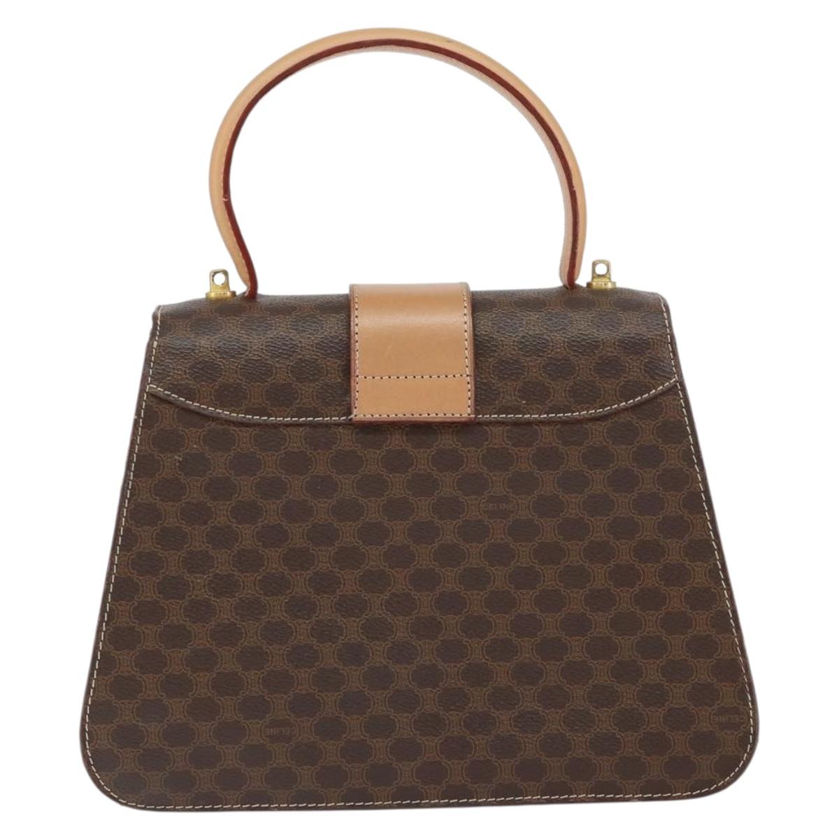 CELINE Circle Macadam Canvas Hand Bag PVC Leather Brown Gold Auth 149189