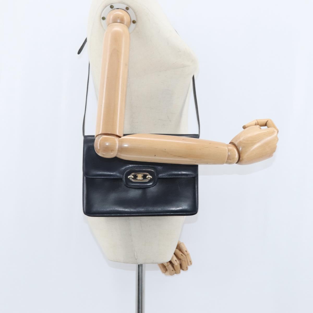 CELINE Shoulder Bag Leather Navy Gold Auth 149191