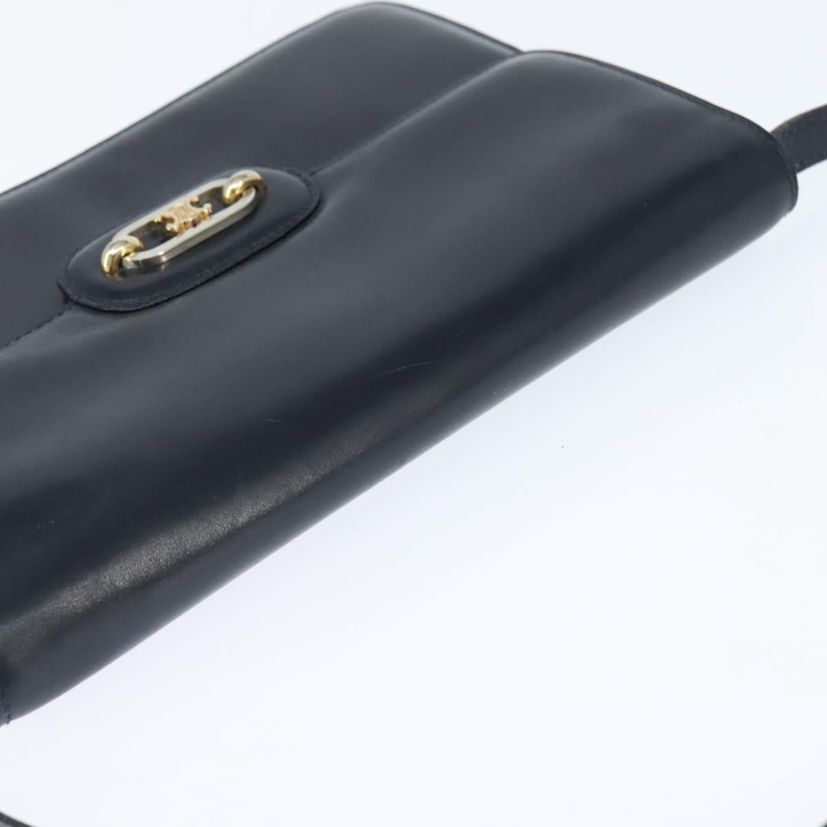 CELINE Shoulder Bag Leather Navy Gold Auth 149191