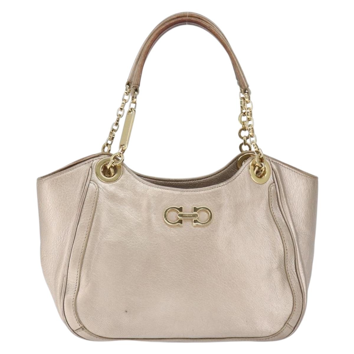 Salvatore Ferragamo Gancini Hand Bag Leather Gold Silver Auth 149193