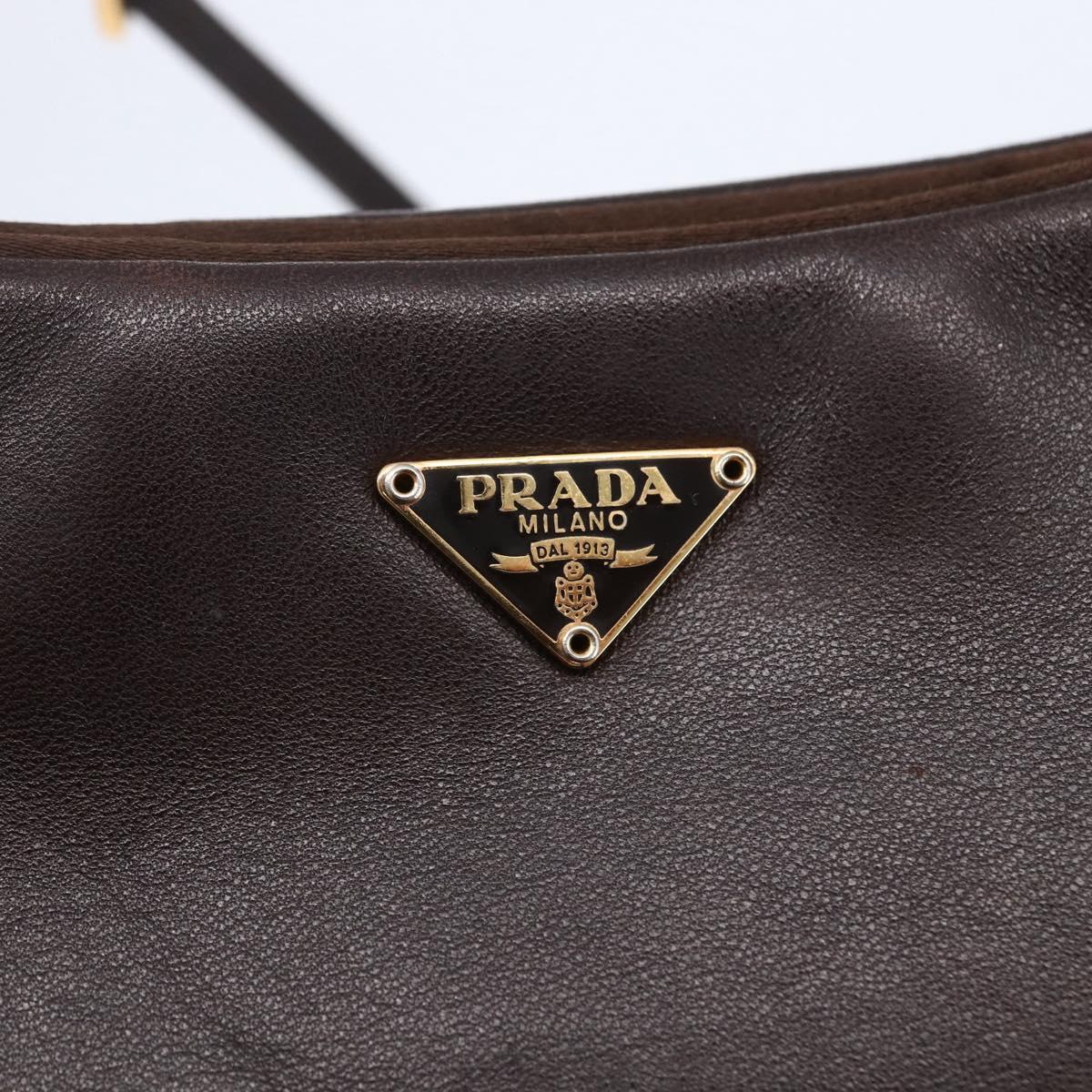PRADA Accessory Pouch Leather Dark Brown Gold Auth 149220V