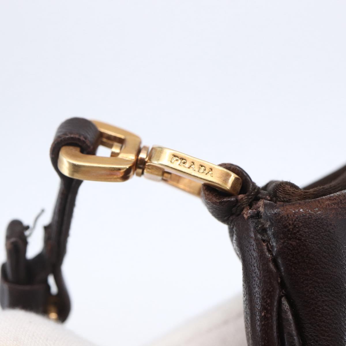 PRADA Accessory Pouch Leather Dark Brown Gold Auth 149220V