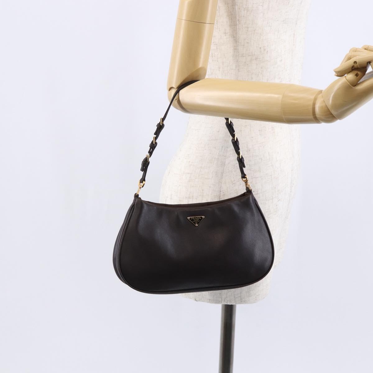 PRADA Accessory Pouch Leather Dark Brown Gold Auth 149220V