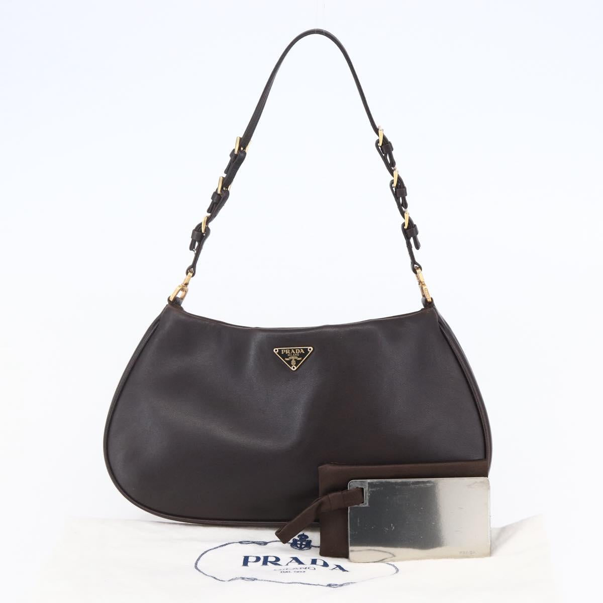 PRADA Accessory Pouch Leather Dark Brown Gold Auth 149220V