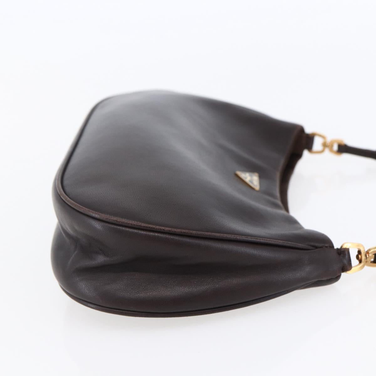 PRADA Accessory Pouch Leather Dark Brown Gold Auth 149220V