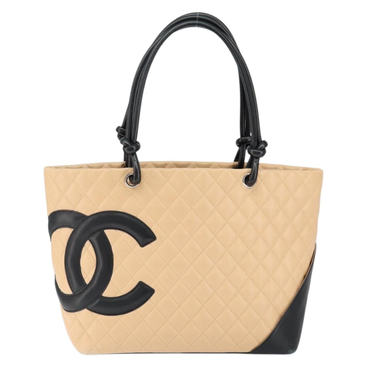 CHANEL Cambon Line Matelasse Tote Bag Lamb Skin Beige Silver CC Auth 149221