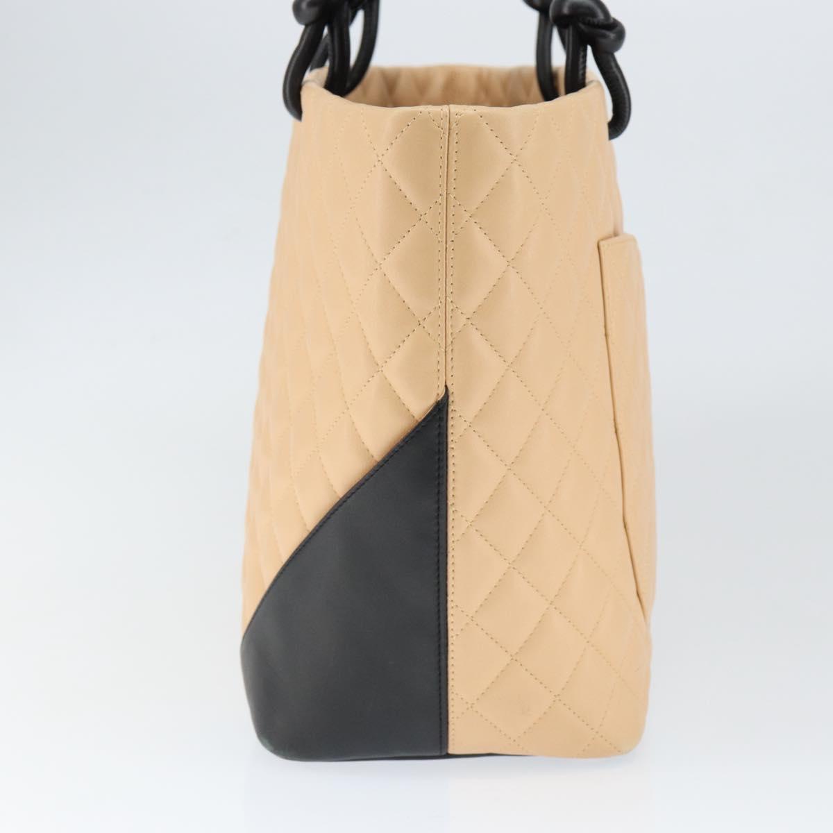 CHANEL Cambon Line Matelasse Tote Bag Lamb Skin Beige Silver CC Auth 149221