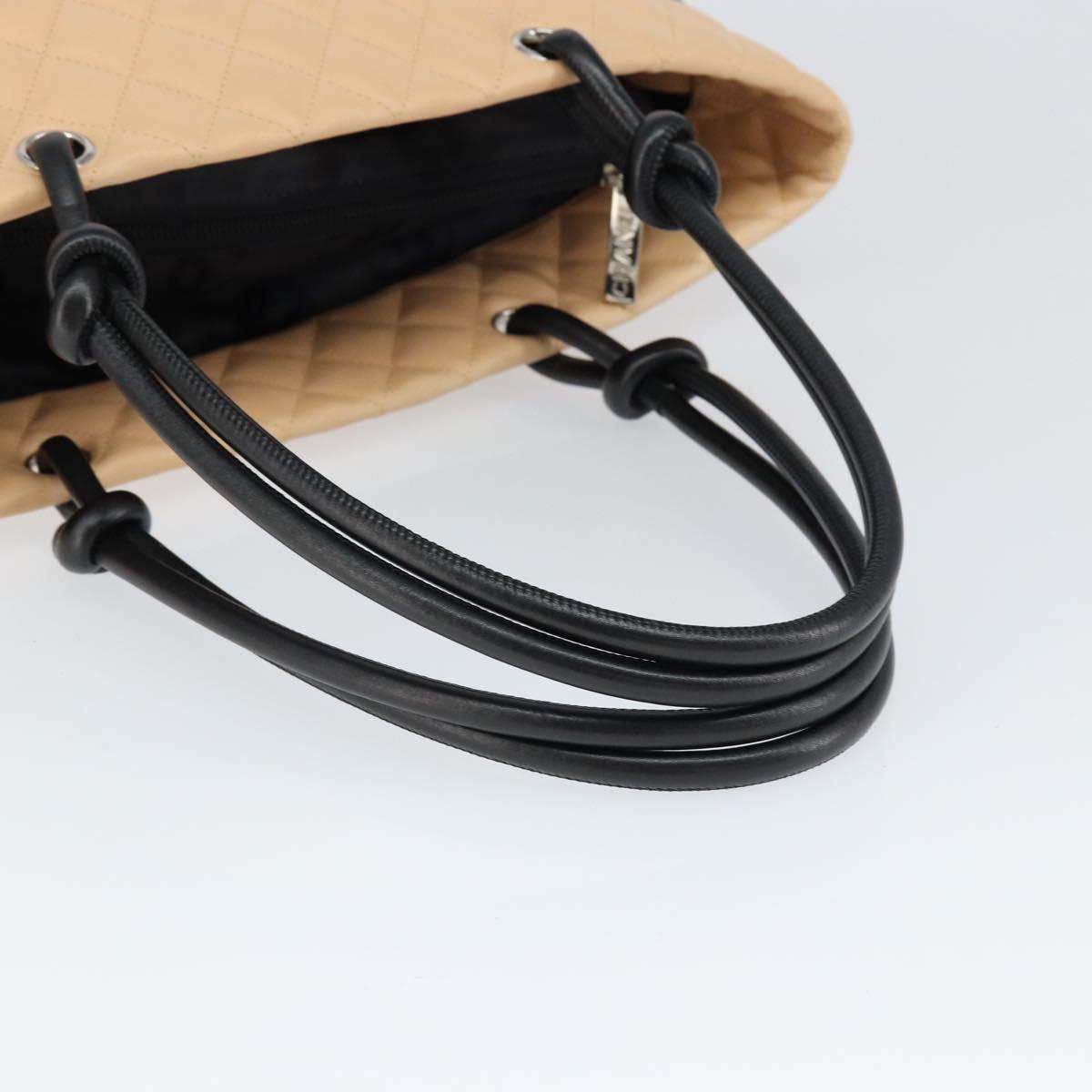 CHANEL Cambon Line Matelasse Tote Bag Lamb Skin Beige Silver CC Auth 149221