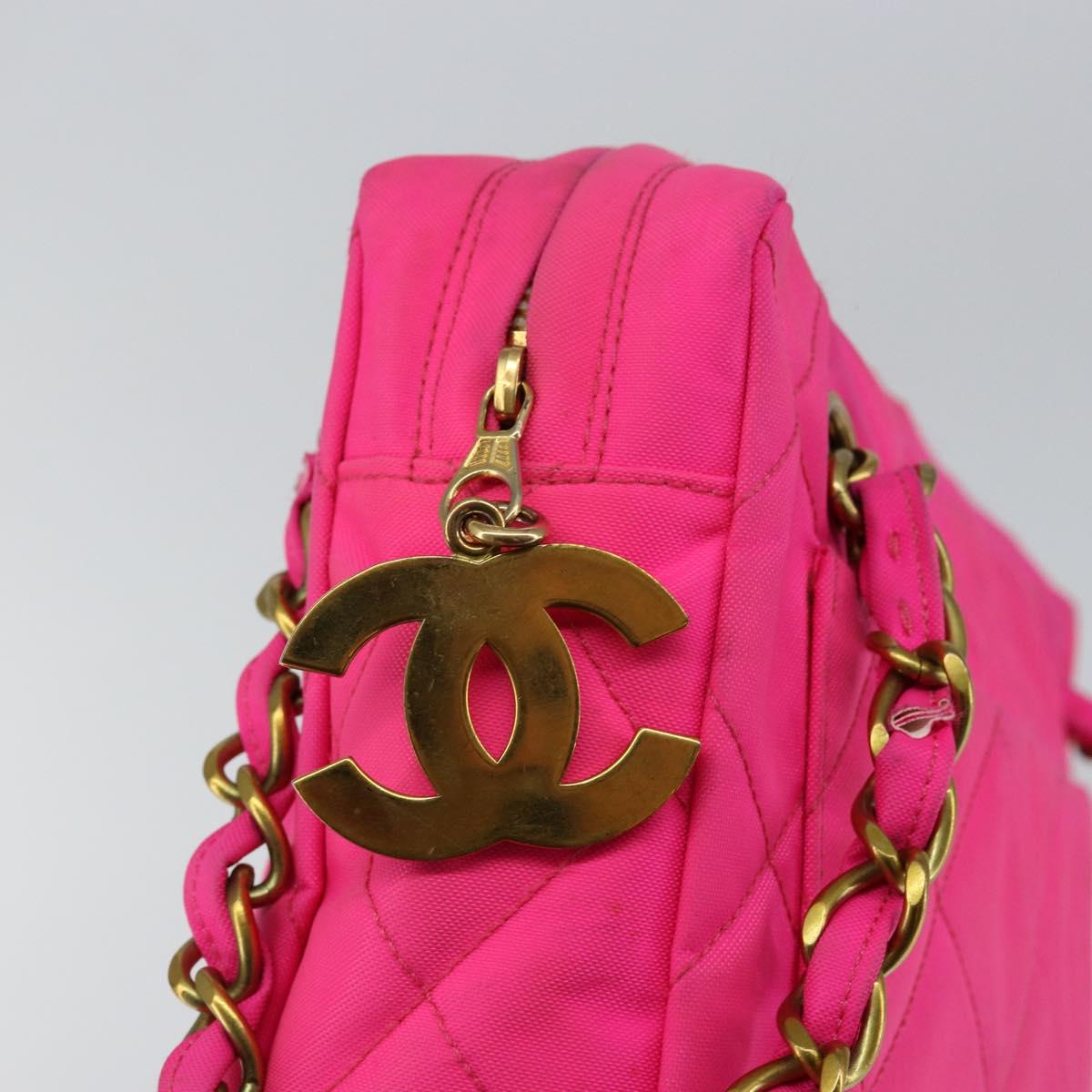 CHANEL Matelasse Chain Shoulder Bag Nylon Pink Gold CC Auth 149222
