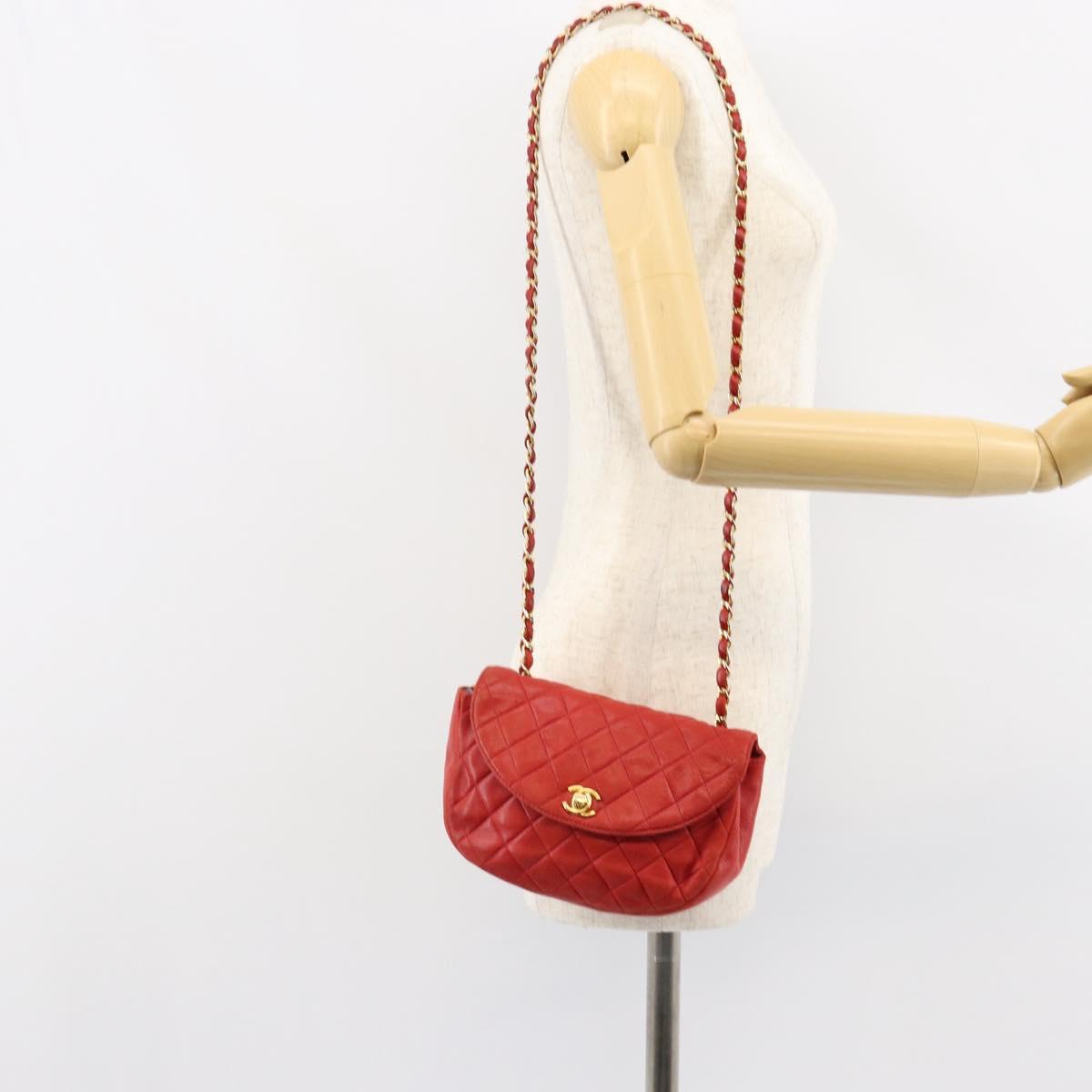 CHANEL Matelasse Chain Shoulder Bag Lamb Skin Red Gold CC Auth 149223