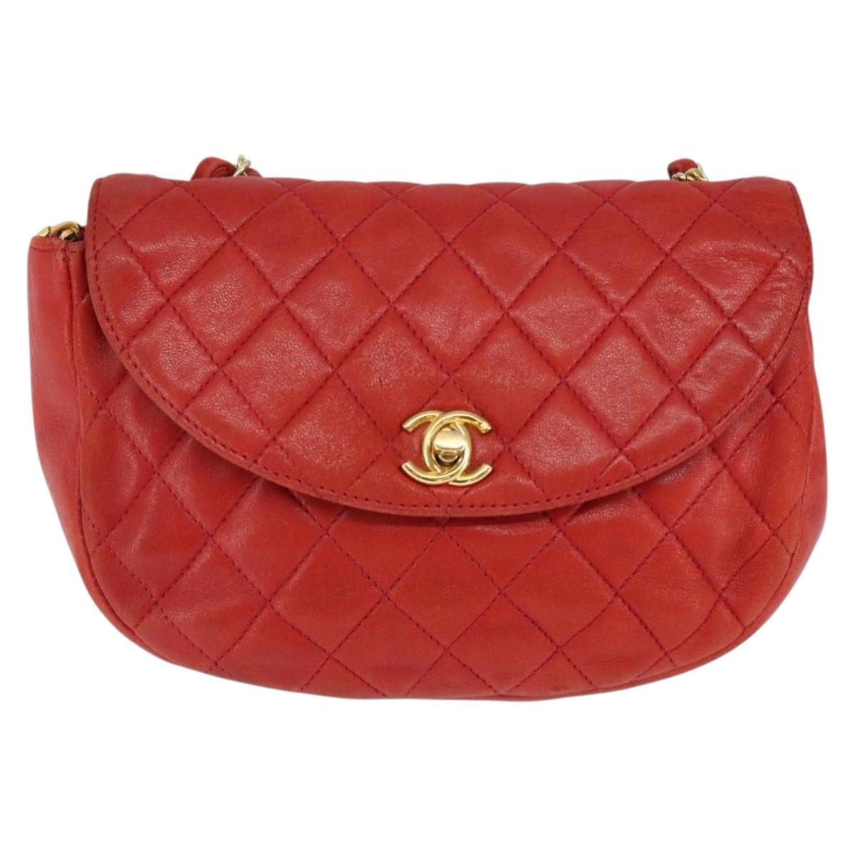 CHANEL Matelasse Chain Shoulder Bag Lamb Skin Red Gold CC Auth 149223