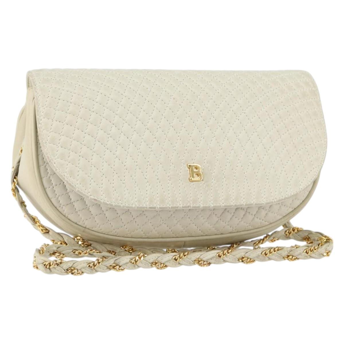BALLY Chain Shoulder Bag Leather White Gold Auth 149267