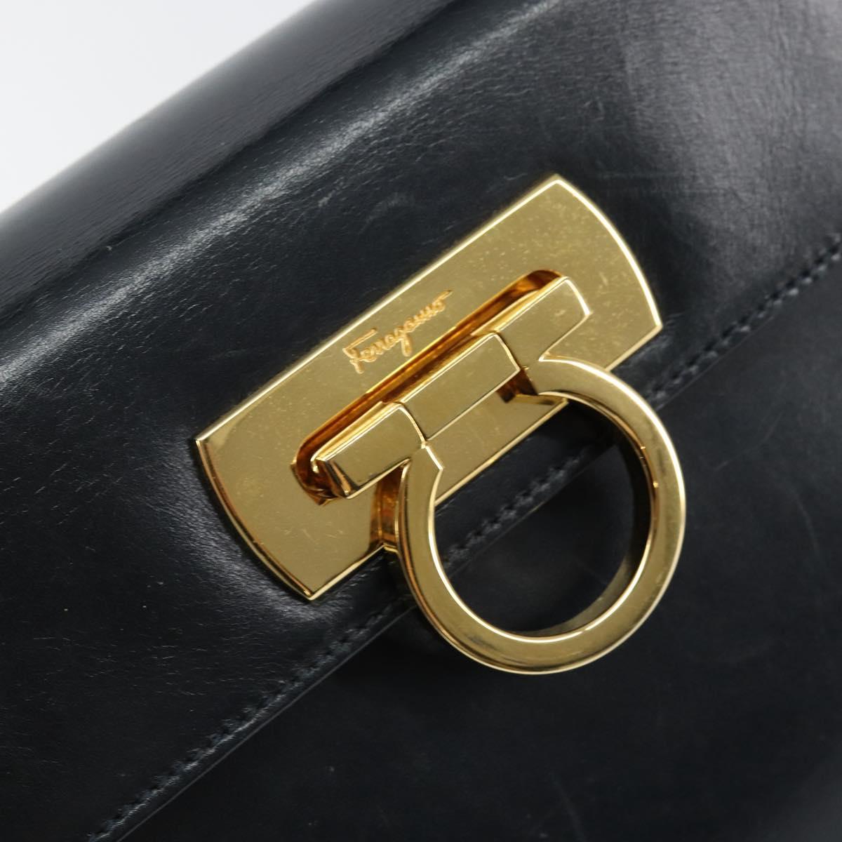 Salvatore Ferragamo Gancini Hand Bag Enamel Navy Gold Auth 149268
