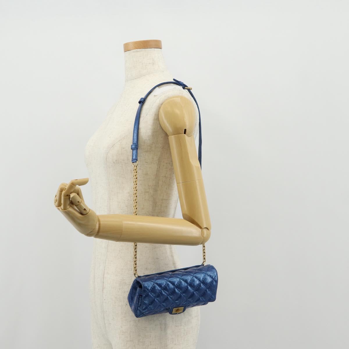 CHANEL 2.55 Matelasse Chain Shoulder Bag Calf Skin Blue Gold CC Auth 149291SM