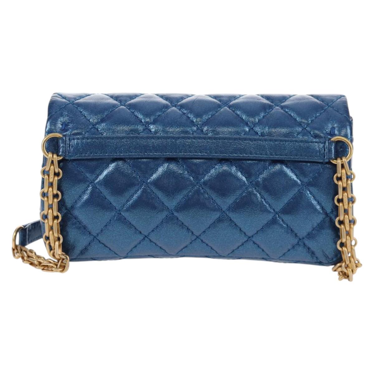 CHANEL 2.55 Matelasse Chain Shoulder Bag Calf Skin Blue Gold CC Auth 149291M
