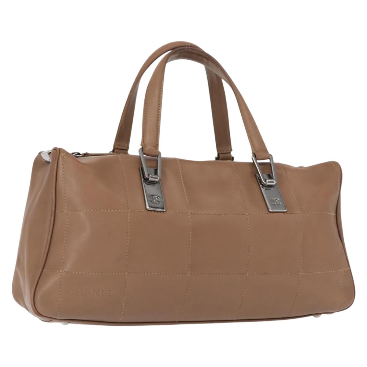 CHANEL Choco Bar Hand Bag Lamb Skin Brown Silver CC Auth 149307