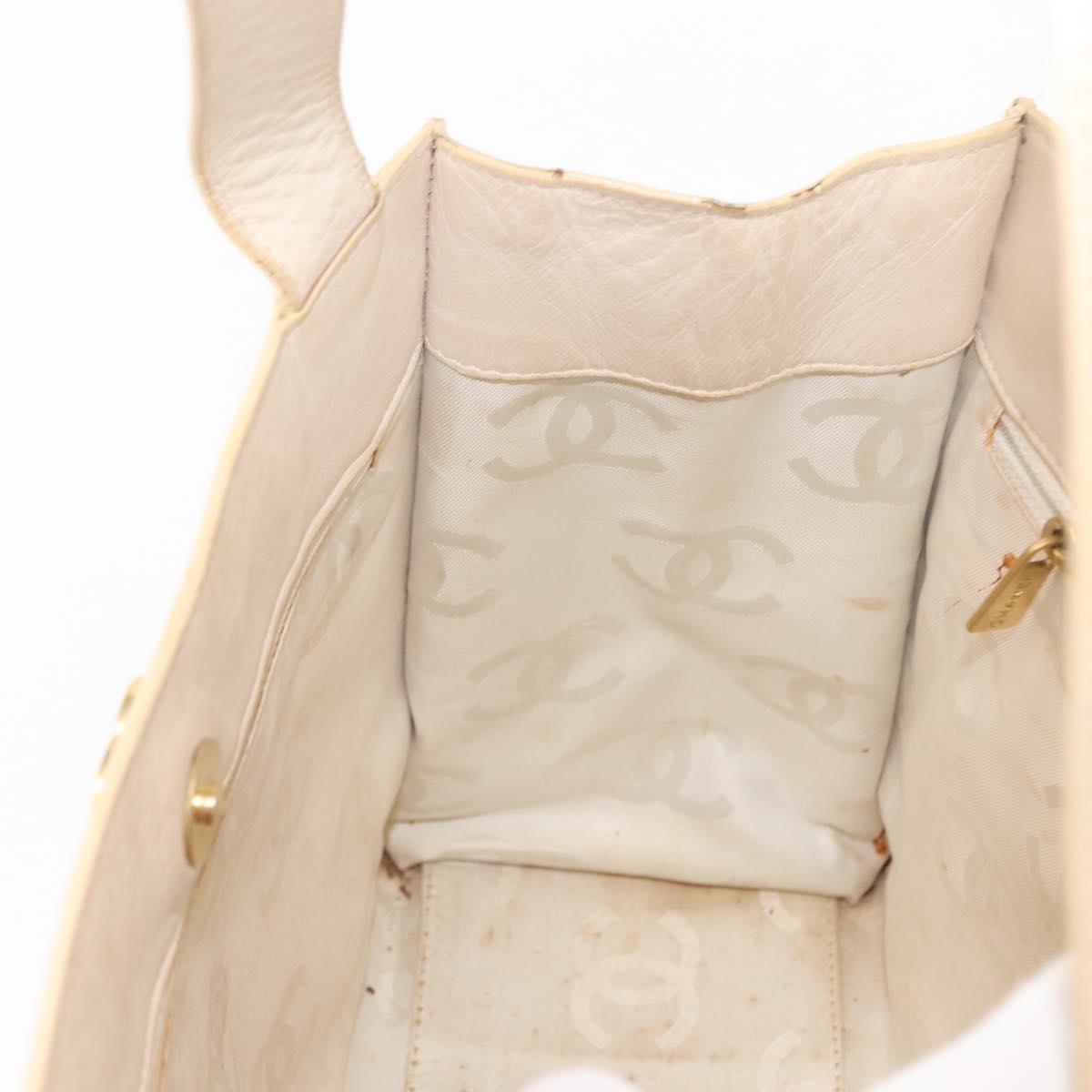 CHANEL Camelia Tote Bag Patent leather Beige Gold CC Auth 149325