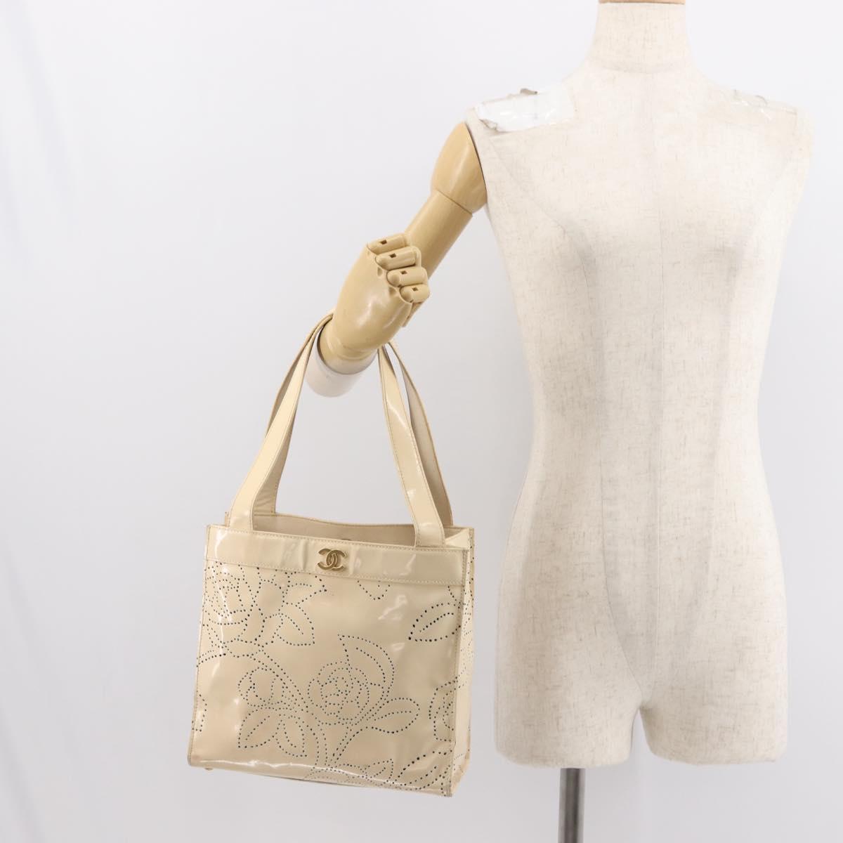 CHANEL Camelia Tote Bag Patent leather Beige Gold CC Auth 149325